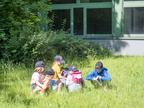 Programm kinder im gras vor dem schulgebäude